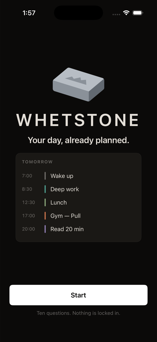 Whetstone AI onboarding screen showing a preview of tomorrow's plan: wake up, deep work, lunch, gym, and reading, with a Start button